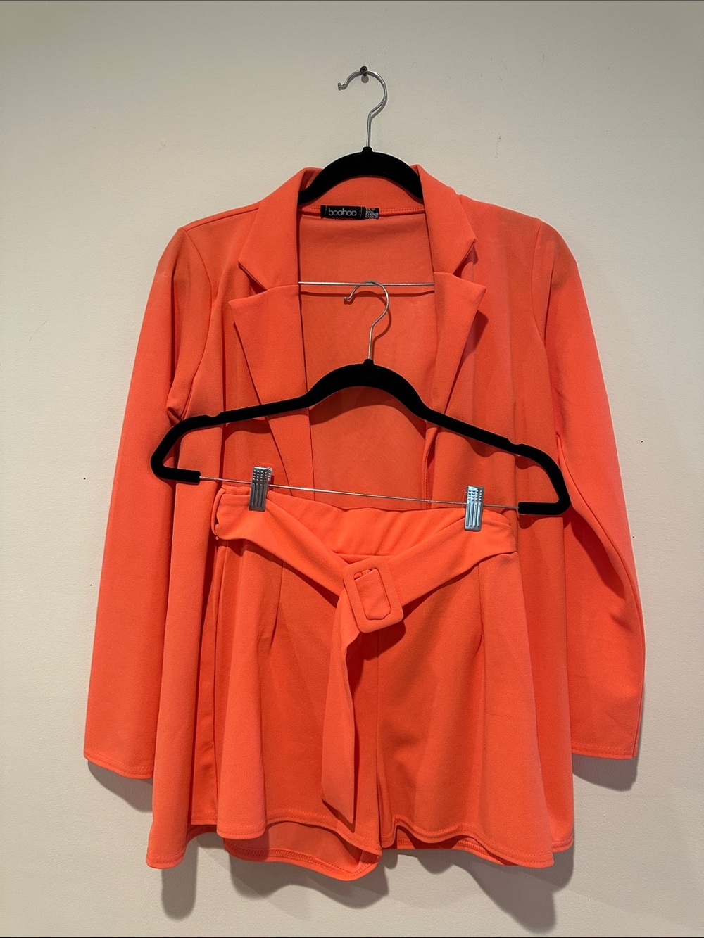 Boohoo Bright Coral Orange Blazer and Belted Shorts Set